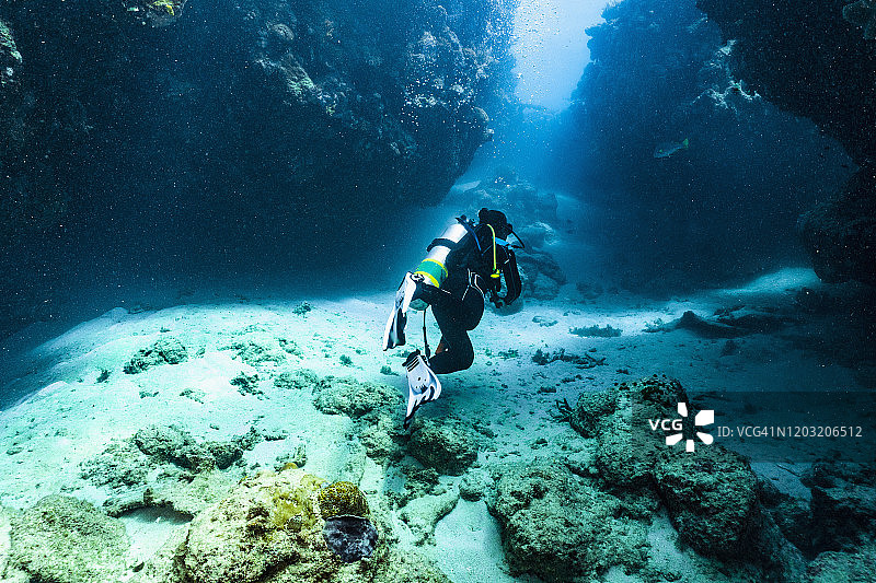 潜水员正在澳大利亚大堡礁的峡谷中探险图片素材