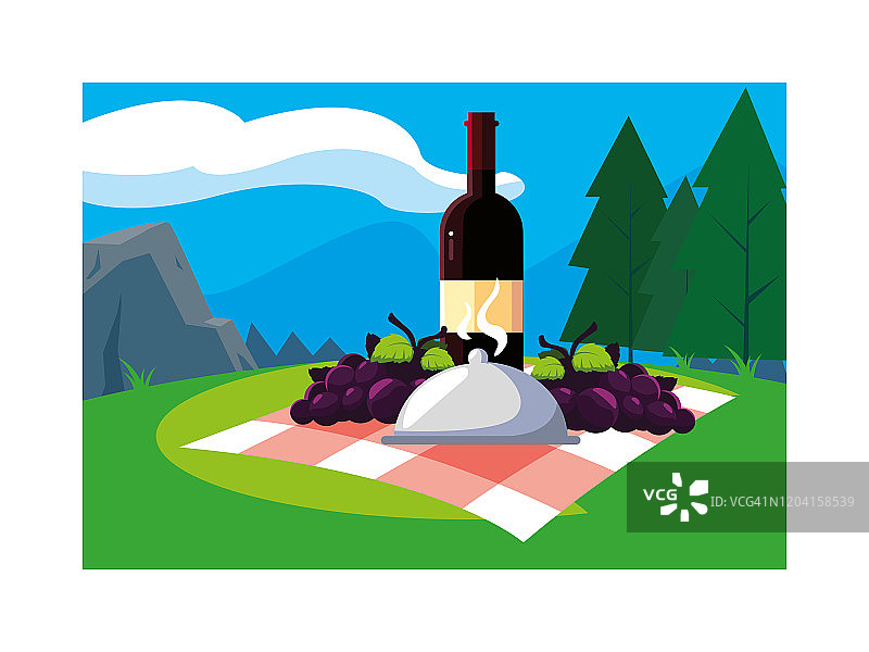 瓶装葡萄酒和葡萄和托盘服务图片素材