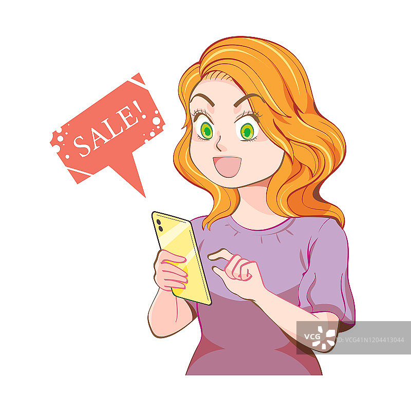 可爱快乐的金发女孩拿着手机，用手机在网上购物。女人指着智能手机。平面卡通矢量插图。图片素材