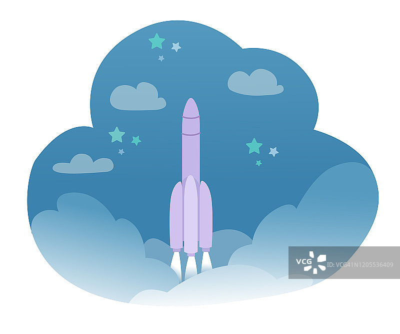 火箭发射在繁星点点的天空中，在云间童梦图片素材