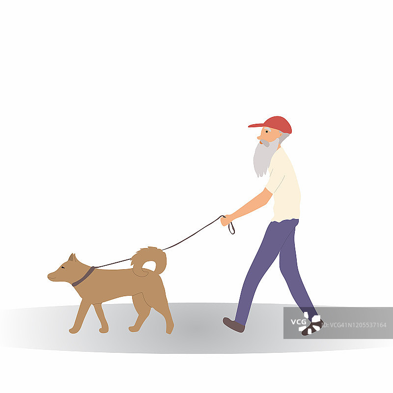 戴着红帽子、t恤和牛仔裤的老人带着棕色的狗散步。爷爷花时间和小狗在户外。有趣的可爱dog-fancier。矢量卡通插图孤立的白色背景。图片素材