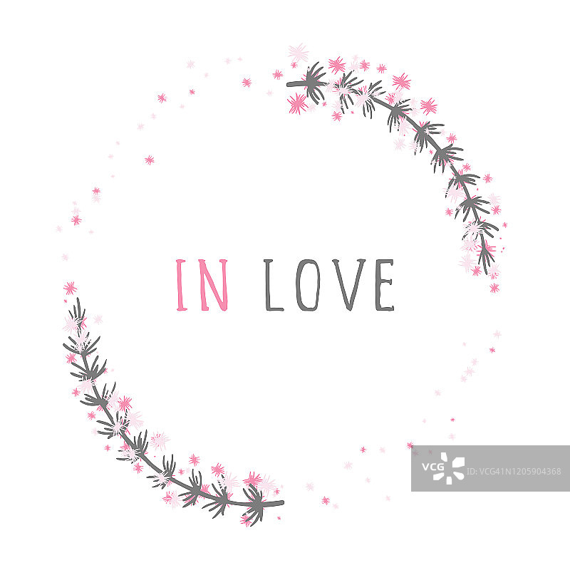 矢量手绘插图的文字在爱和花卉圆形框架。图片素材