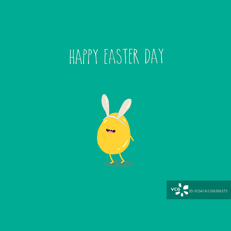 复活节黄色彩蛋和绿色快乐复活节卡。可爱的鸡蛋在兔子的耳朵里。图片素材