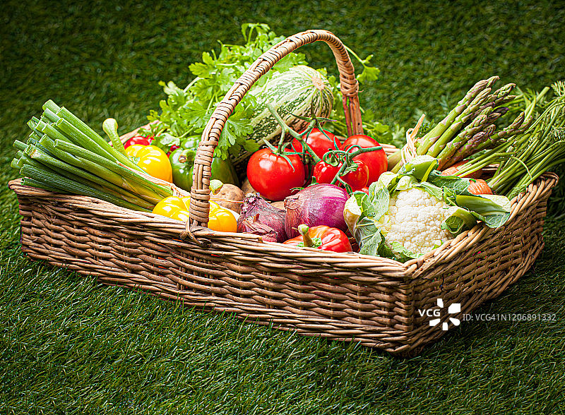 篮子蔬菜在草地上与拷贝空间图片素材
