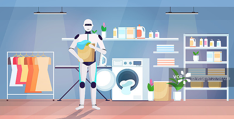 机器人将脏衣服放入洗衣机人工智能技术家政概念现代洗衣房内部全长水平图片素材