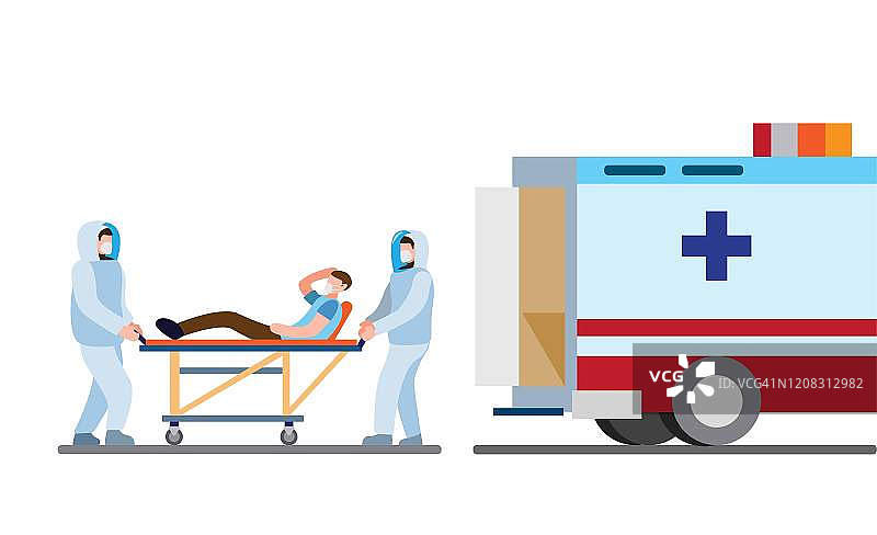 医护人员穿着全套防护服，防止病毒爆发将病人送往医院，救护人员以卡通平面插图矢量图片素材
