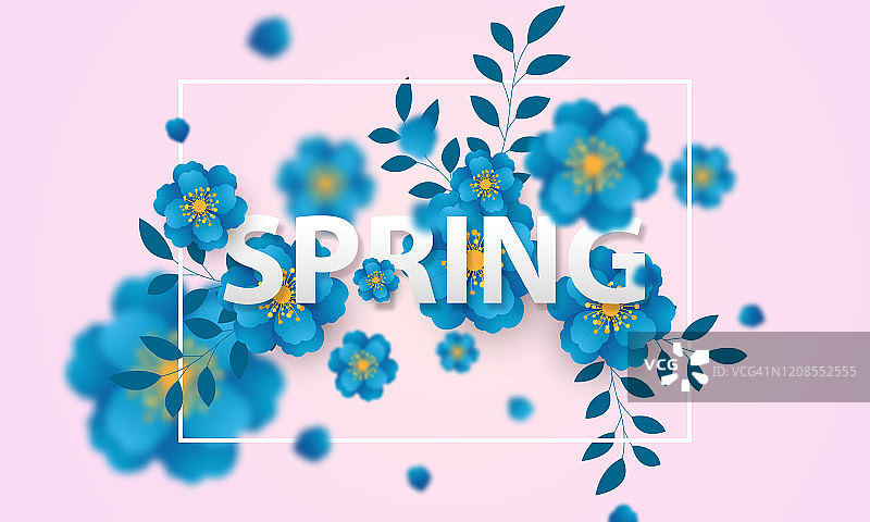 设计横幅框架蓝色花春天的背景与美丽。矢量插图模板横幅。图片素材