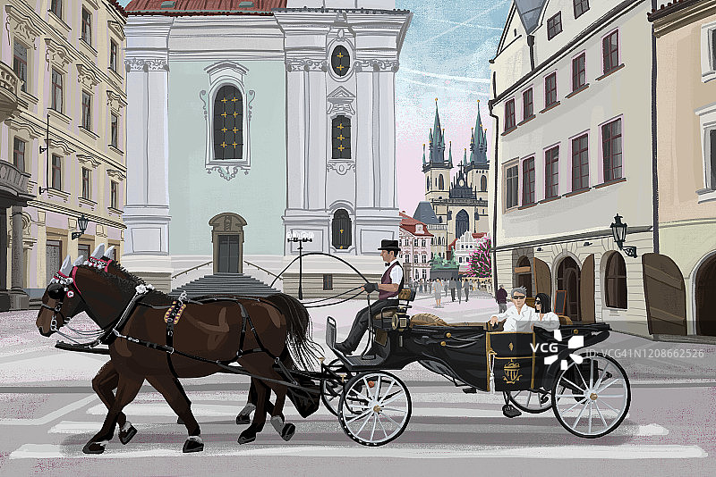 布拉格老城，捷克共和国。供游客使用的马车。图片素材