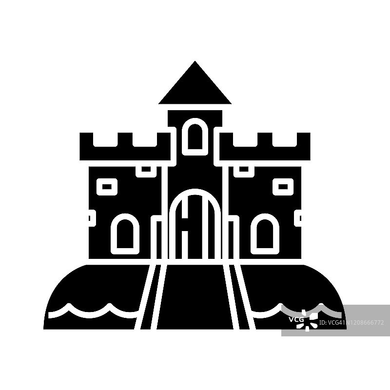 大城堡黑色图标，概念插图，矢量平面符号，象形符号图片素材