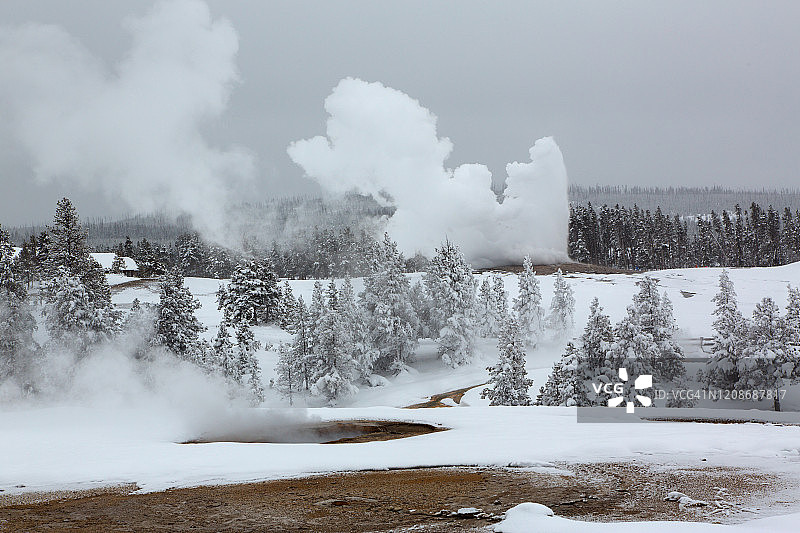 在美国黄石国家公园寒冷的冬日里，老忠实间歇泉喷出一团蒸汽图片素材