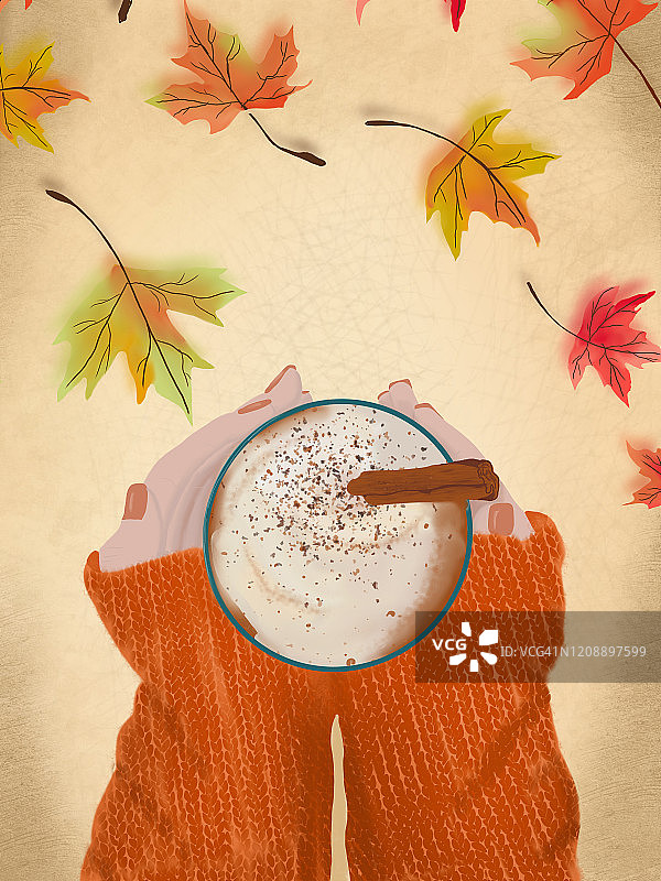 插画上方的POV的女性与杯的手拿着热饮与秋天的落叶图片素材