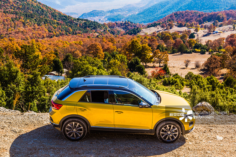 秋天，大众汽车在山顶的树林里图片素材