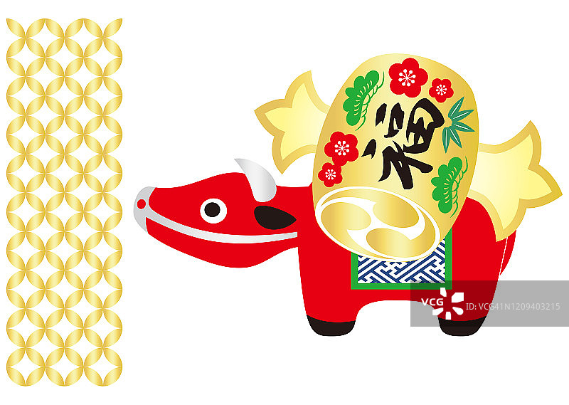 Cow figurine. a mallet of luck of japan.  vector illustration Translation: 福 means Fortune.图片素材