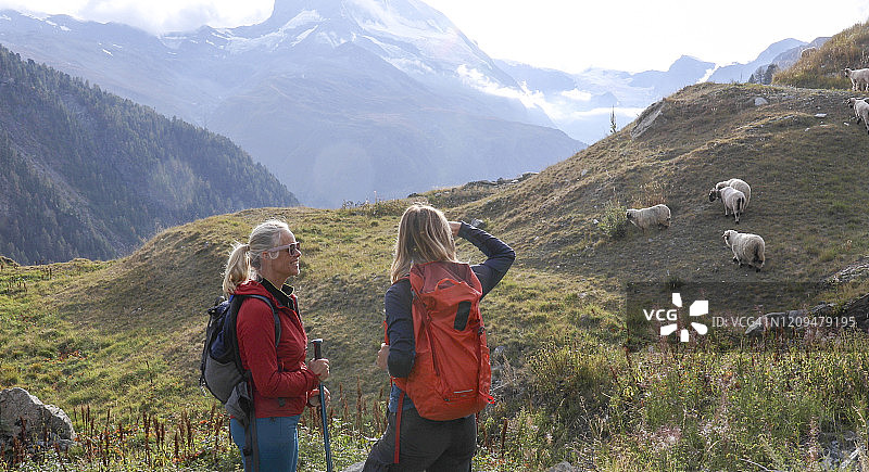 女性徒步旅行者在高山环境中放松图片素材