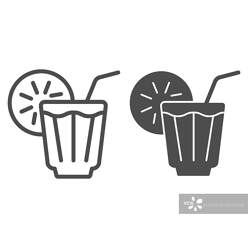 冰饮线和字形图标。柠檬水矢量插图孤立在白色。冷茶轮廓风格设计，为网页和应用设计。Eps 10。图片素材