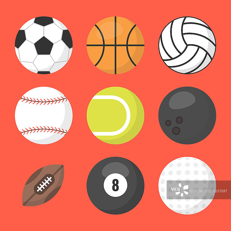 运动球向量集。篮球，足球，网球，足球，棒球，保龄球，高尔夫球，排球。矢量插图。图片素材