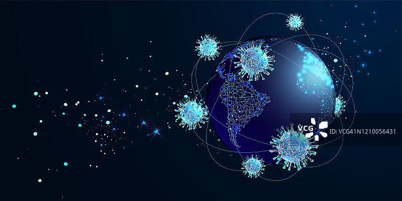 新型冠状病毒肺炎2019新型冠状病毒疫情。病毒在地球上飞来飞去。低聚线框风格。向量图片素材