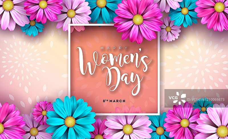 3月8日。妇女节庆祝设计与花和字体字体在粉红色的背景。矢量国际假日插图模板横幅，传单，邀请，海报或贺卡。图片素材