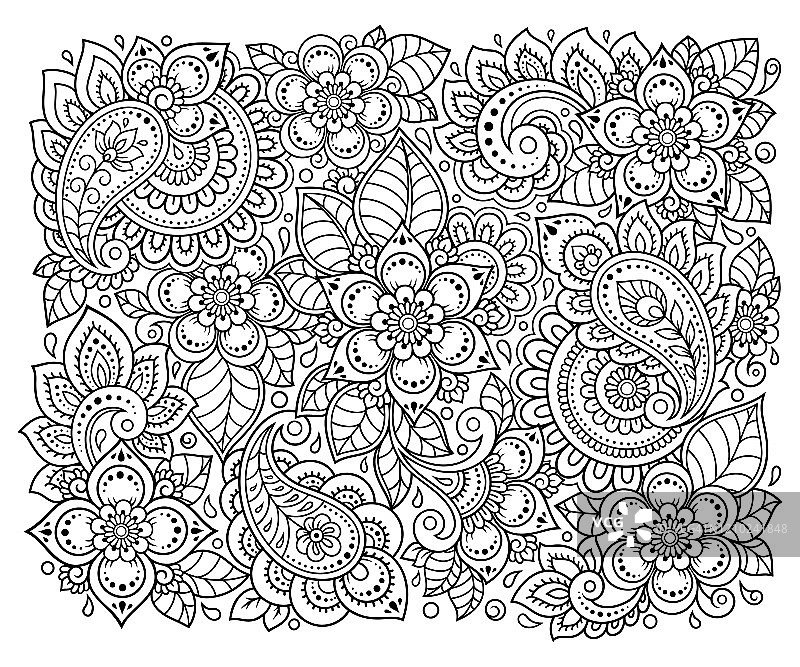轮廓方形花卉图案在曼海蒂风格着色书页。抗压力的成年人和儿童。黑色和白色的涂鸦装饰。手绘矢量插图。图片素材