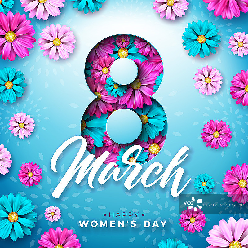 3月8日。妇女节庆祝设计与花和印刷字母在蓝色背景。矢量国际假日插图模板横幅，传单，邀请，海报或贺卡。图片素材