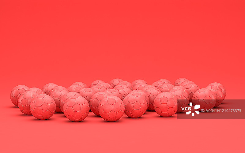 多个足球在平面单色红色场景，单一颜色，3d渲染图片素材