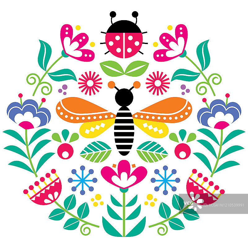 斯堪的纳维亚民间花卉矢量设计，可爱的螺旋花卉图案与昆虫，瓢虫和苍蝇的灵感来自瑞典，挪威和丹麦的传统刺绣图片素材