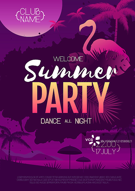 彩色的夏季迪斯科舞会海报与荧光热带树叶和火烈鸟。夏季的背景图片素材