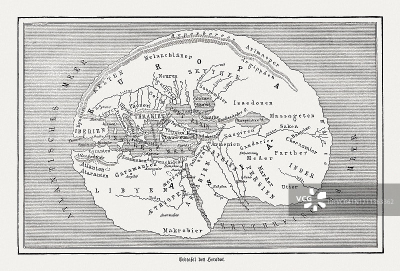 世界地图根据希罗多德(约484-c。(公元前425年)，木刻，出版于1888年图片素材