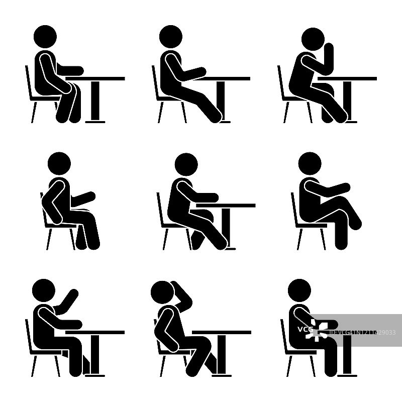 坐在桌子旁的椅子上，木棍人物，男子，侧视姿势，象形矢量图标设置。男孩剪影坐在快乐，舒适，悲伤，疲倦的标志上白色的背景图片素材