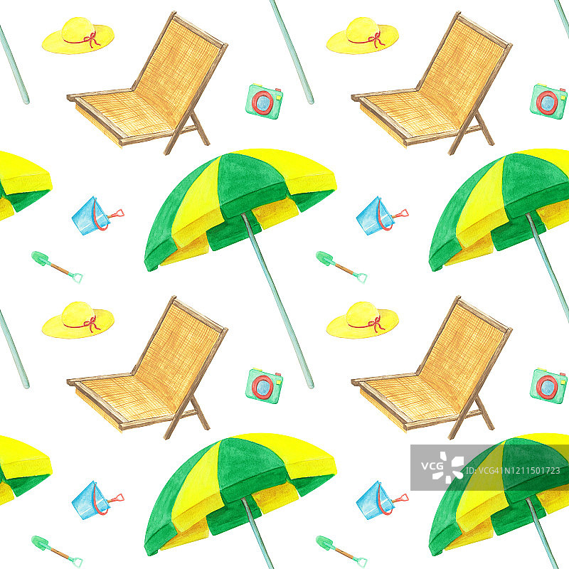 手绘彩色水彩沙滩伞，椅子，相机，帽子，水桶和铲子无缝图案的白色背景。夏日沙滩配饰无尽印花为您设计。墙纸。图片素材