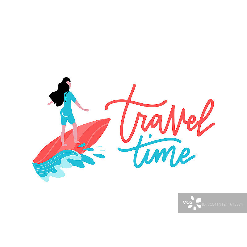 夏季横幅与女性角色冲浪在蓝色海洋Wav。卡通女运动员骑冲浪板在运动。极限水上运动度假活动。矢量打印与字母旅行时间图片素材