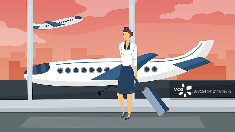 机场和TourismConcept。在机场带着行李的快乐空姐。《女人准备好飞翔》美丽的插图与空姐和客机。卡通平面矢量插图图片素材