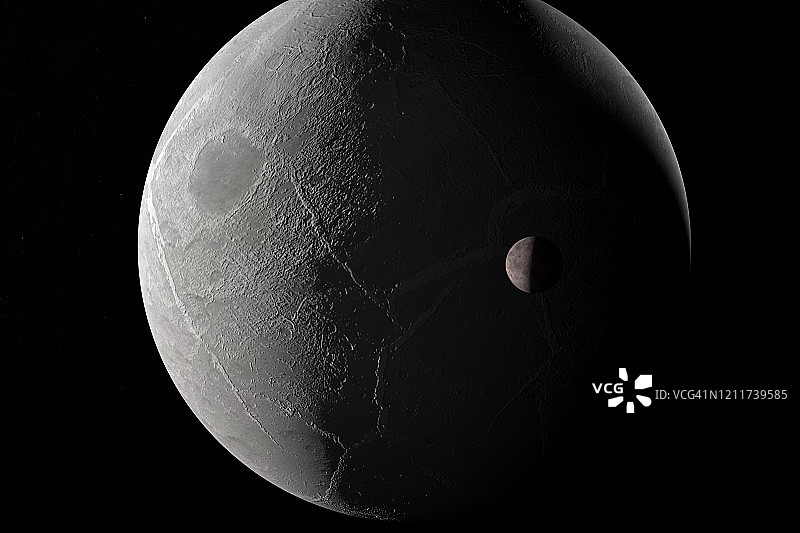 Dysnomia在外太空绕着矮行星Eris旋转。三维渲染图片素材
