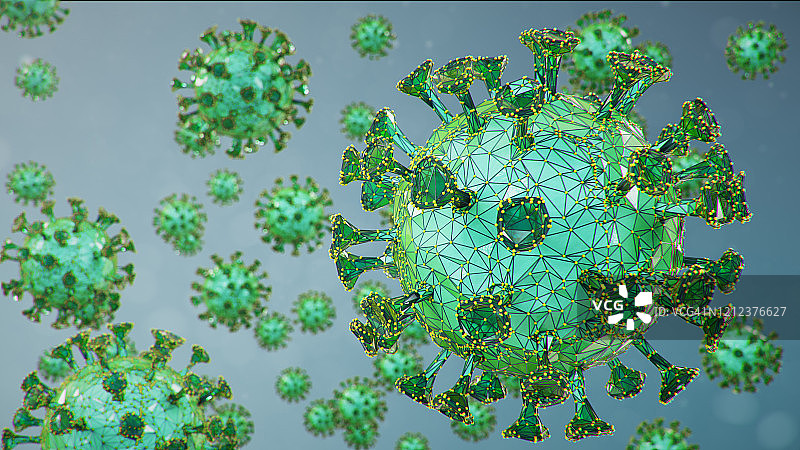 三维插图，抽象病原体为一种流感- H1N1，肝炎病毒，流感病毒，流感，艾滋病。病毒抽象背景。病毒感染人类细胞。引起慢性疾病的感染。图片素材