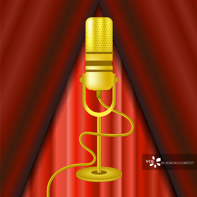 复古的金色麦克风图标隔离在红色窗帘背景。图片素材