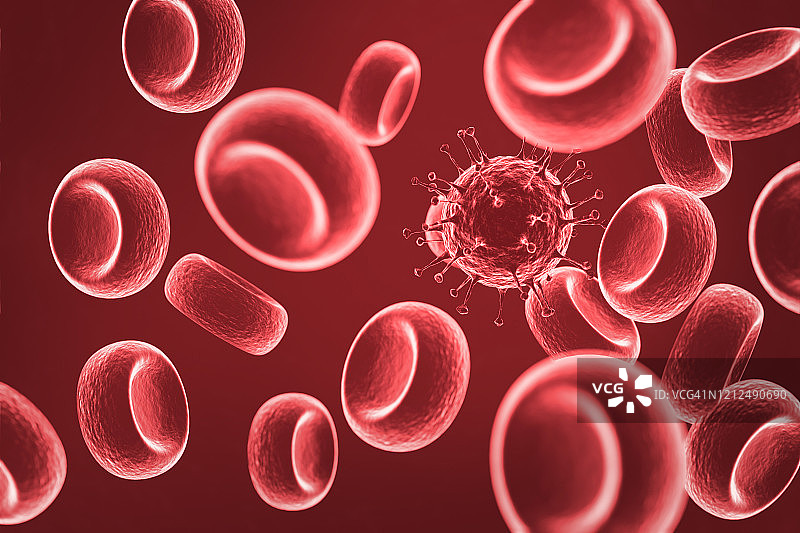 3D渲染2019冠状病毒或Covid-19的传播和红细胞背景的显微插图图片素材