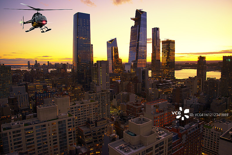 夜间在曼哈顿上空的直升机之旅图片素材