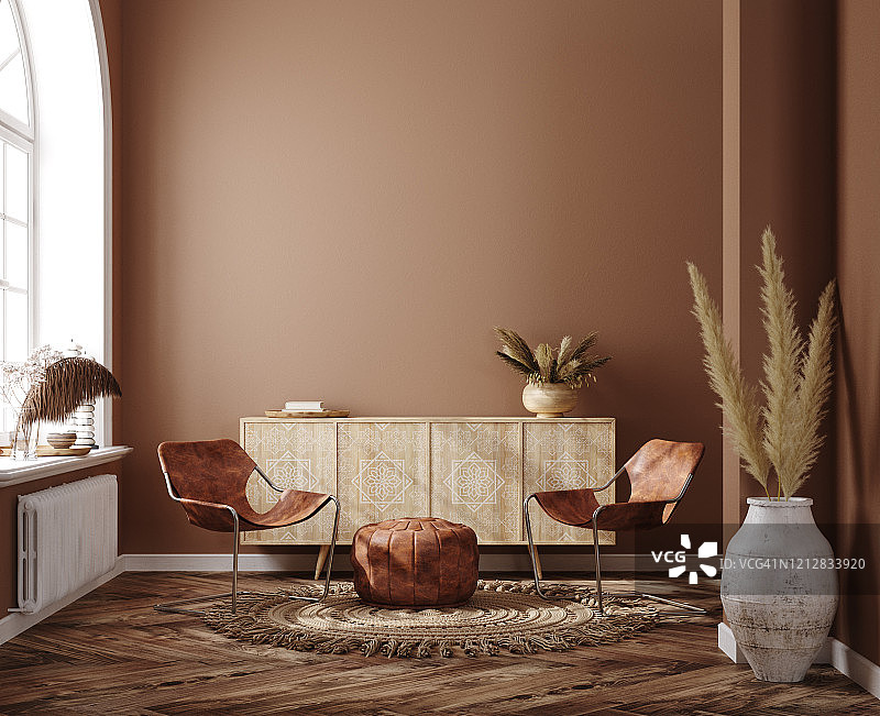 家庭内部采用民族波西米亚装饰，客厅采用棕色暖色图片素材