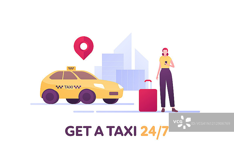 出租车服务理念。矢量平面人插图。黄色出租车和女性与行李的城市景观背景与大头针标志。设计元素的旗帜，海报，ui, web。图片素材