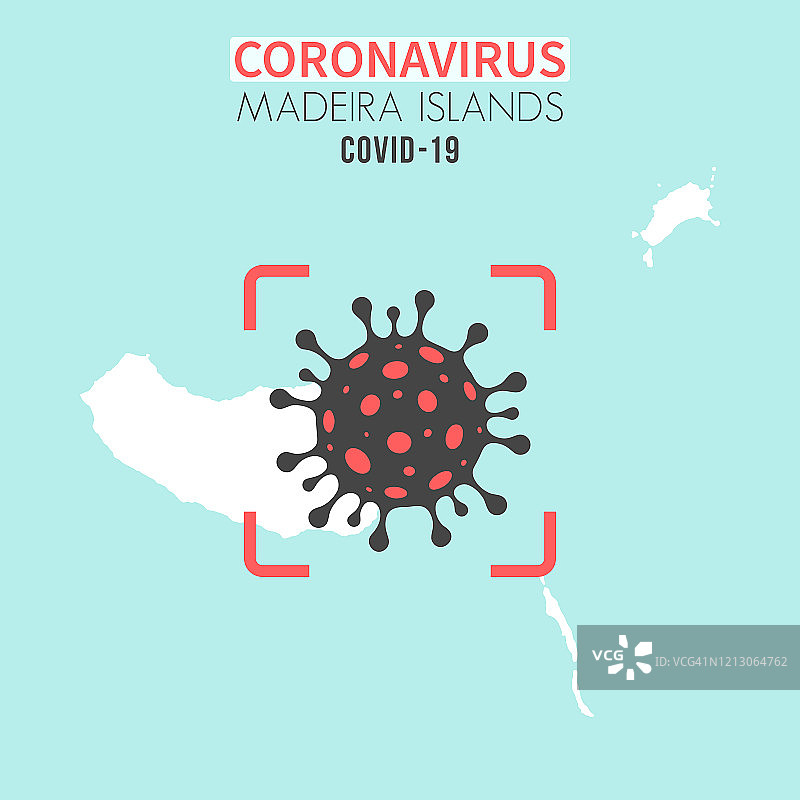 马德拉群岛地图，红色取景器中有冠状病毒细胞(COVID-19)图片素材