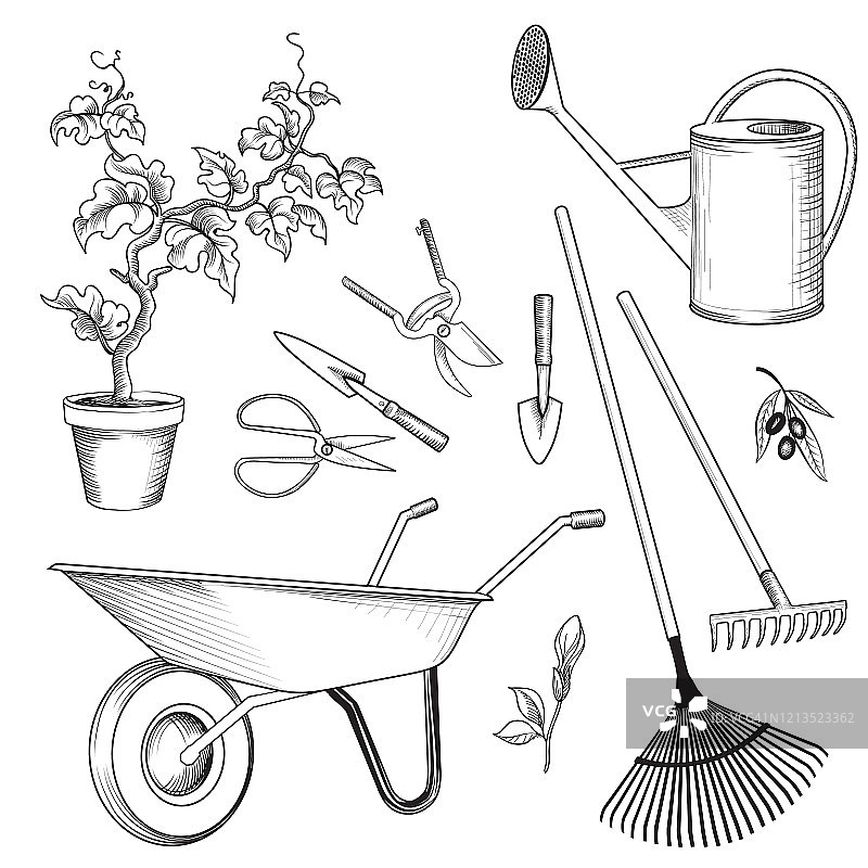 园艺工具集。园艺植物，喷壶，手推车，ra图片素材