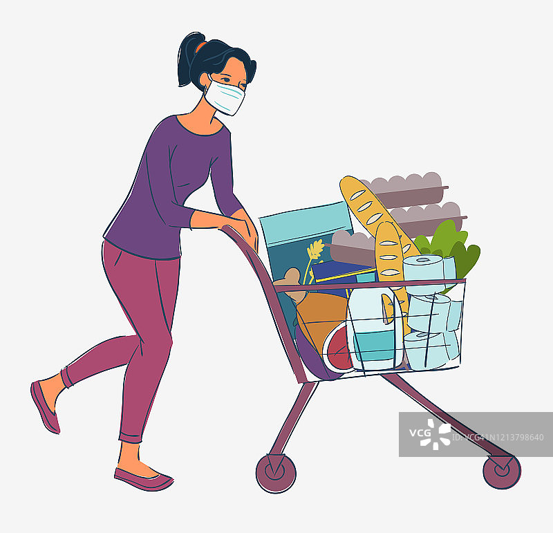 年轻女子在白色医疗面罩购物车购物在超市。冠状病毒检疫媒介图解的概念图片素材