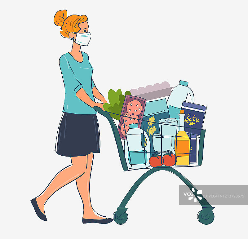 年轻女子在白色医疗面罩购物车购物在超市。冠状病毒检疫媒介图解的概念图片素材
