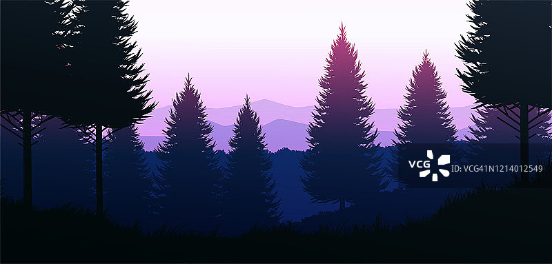 天然森林天然松林山地平线。风景壁纸。日出日落。插图矢量风格彩色视图背景。图片素材