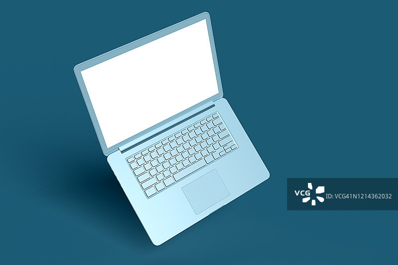 空屏幕笔记本电脑，最小的技术概念，蓝色背景图片素材