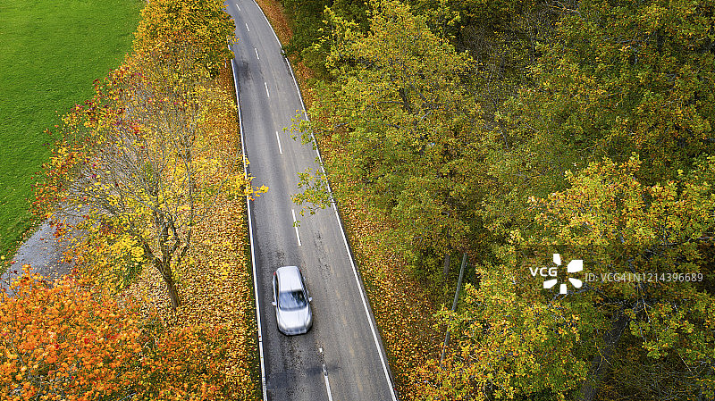 鸟瞰图一条公路，秋天的树木和绿色的田野图片素材