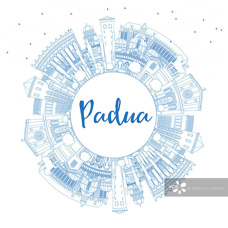 用蓝色建筑和复制空间勾勒出意大利帕多瓦城市的天际线。图片素材