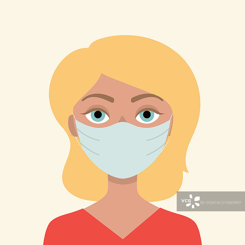 年轻的金发女人戴着医用面具防范病毒、流感和冠状病毒的概念。预防流行病。平面向量插图。图片素材