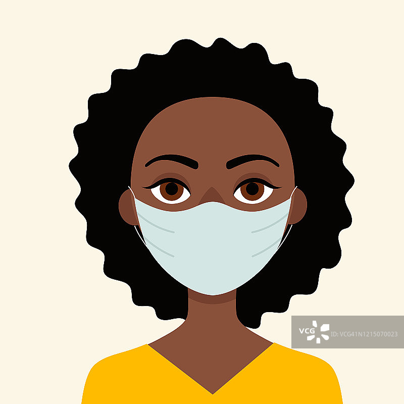 戴医用口罩的非洲年轻妇女。防范病毒、流感和冠状病毒的概念。预防流行病。平面向量插图。图片素材