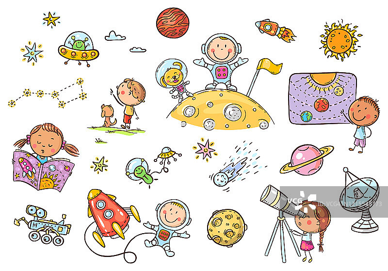 卡通空间和宇航员设置，矢量cliparts的孩子图片素材